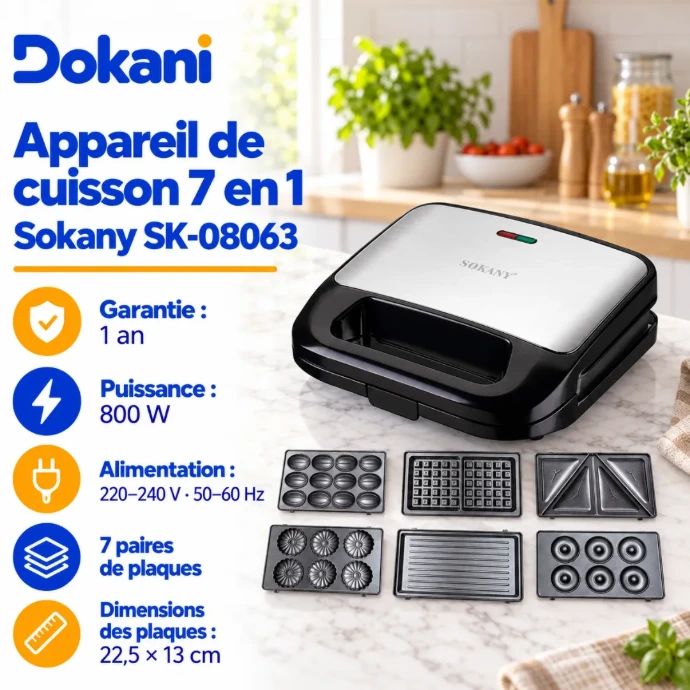 Appareil de cuisson multifonction Sokany SK-08063 800W avec 7 paires de plaques antiadhésives interchangeables pour gaufres, paninis, donuts et madeleines