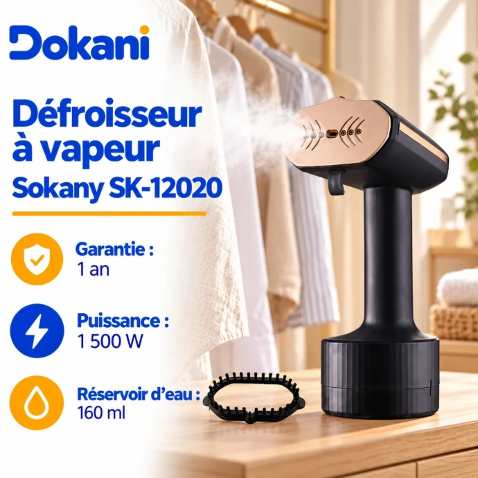 Défroisseur vapeur Sokany SK-12020 1500W avec réservoir 160 ml, semelle céramique, fonction fer à repasser et brosse pour vêtements. Garantie 1 an.