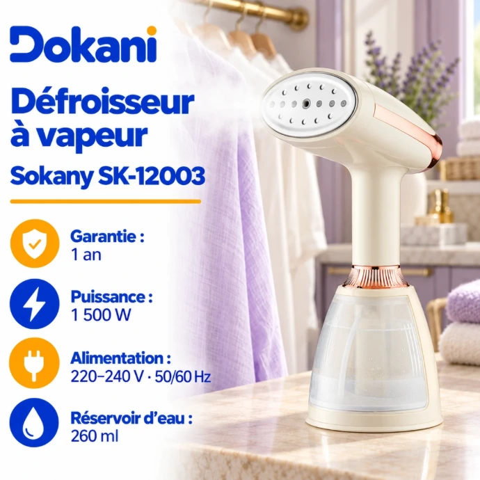 Défroisseur vapeur Sokany SK-12003 1500W avec réservoir d'eau amovible de 260 ml, préchauffage rapide en 15 secondes et gâchette de commande vapeur