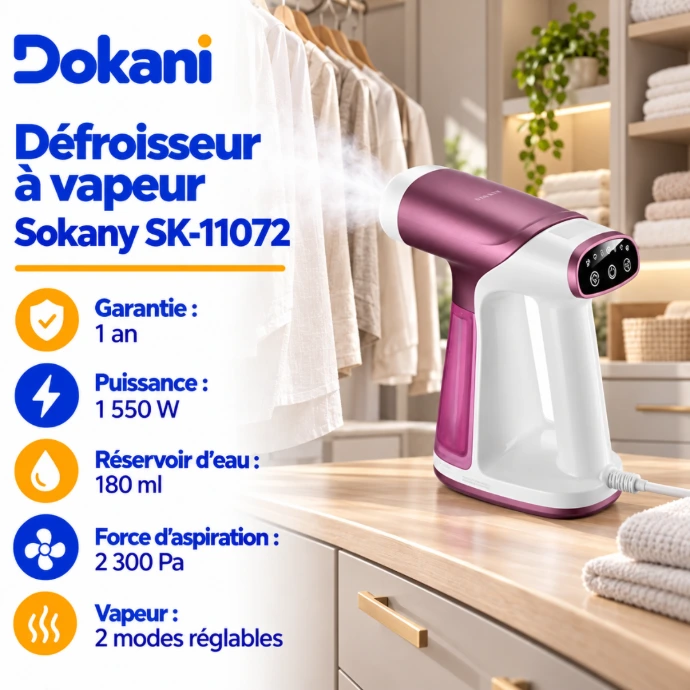 Défroisseur vapeur Sokany SK-11072 1550W avec système d'aspiration 2300 Pa, réservoir de 180 ml, panneau en céramique et écran incurvé