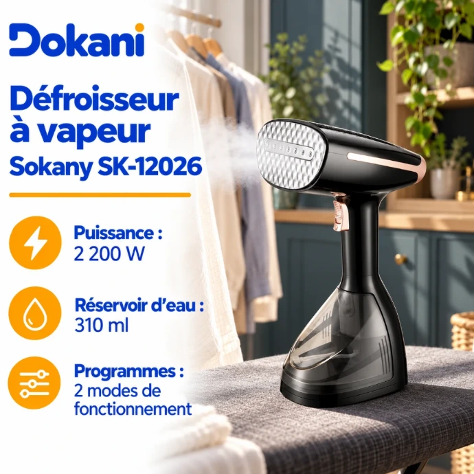Défroisseur vapeur à main Sokany SK-12026 2200W avec réservoir d'eau de 310 ml, deux modes de fonctionnement et brosse pour vêtements