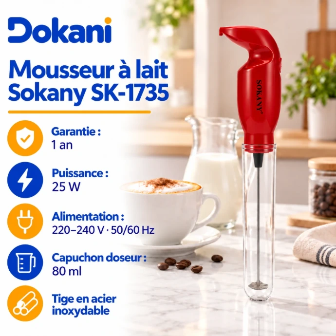 Mousseur à lait électrique Sokany SK-1735 rouge 25W avec tige en acier inoxydable, manche ergonomique et capuchon doseur gradué de 80 ml