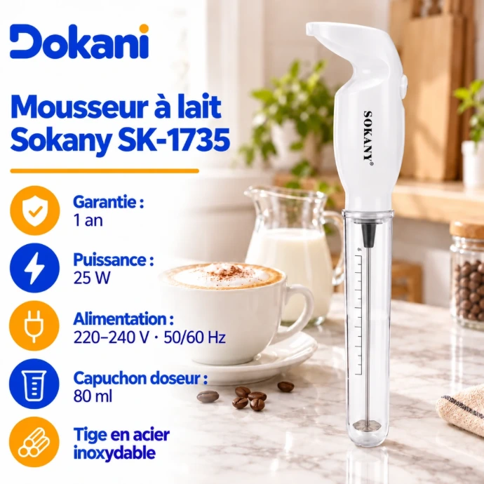 Mousseur à lait électrique Sokany SK-1735 blanc 25W avec tige en acier inoxydable, manche ergonomique et capuchon doseur gradué de 80 ml