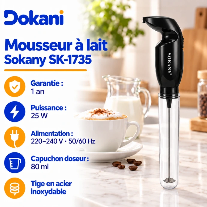 Mousseur à lait électrique Sokany SK-1735 noir 25W avec tige en acier inoxydable, manche ergonomique et capuchon doseur gradué de 80 ml