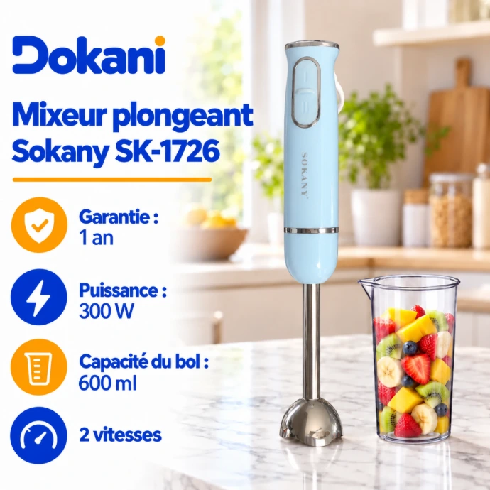 Mixeur plongeant Sokany SK-1726 bleu ciel 300 W avec bol gradué de 600 ml et 2 vitesses