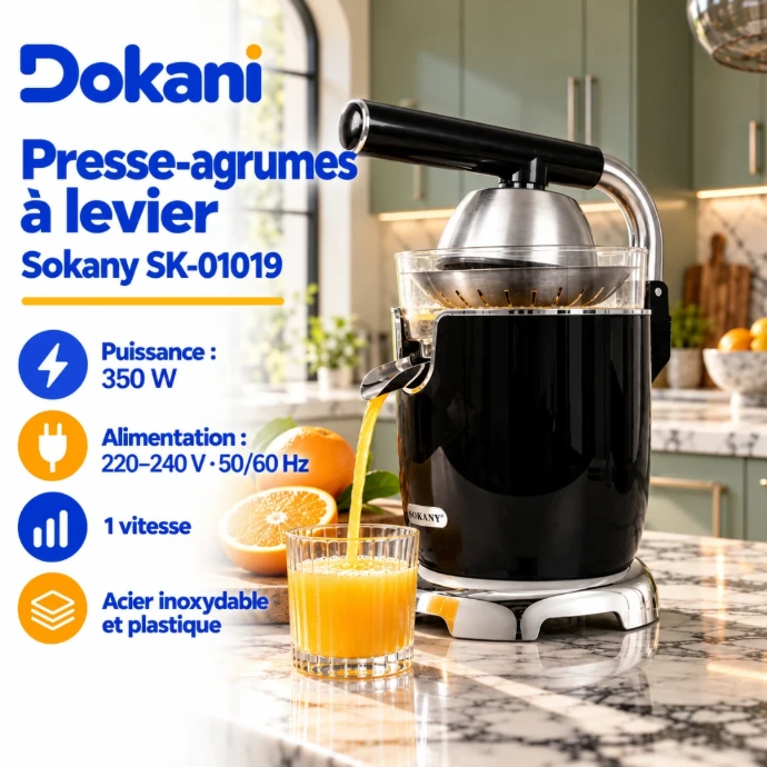 Presse-agrumes électrique Sokany SK-01019 350W avec levier de pressage, moteur en cuivre, bec verseur anti-goutte et base antidérapante