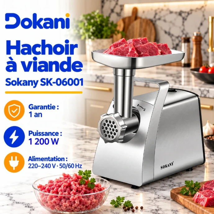 Hachoir à viande électrique Sokany SK-06001 1200W avec plateau métallique, grilles de hachage, embouts pour saucisses et kebbé et fonction marche arrière