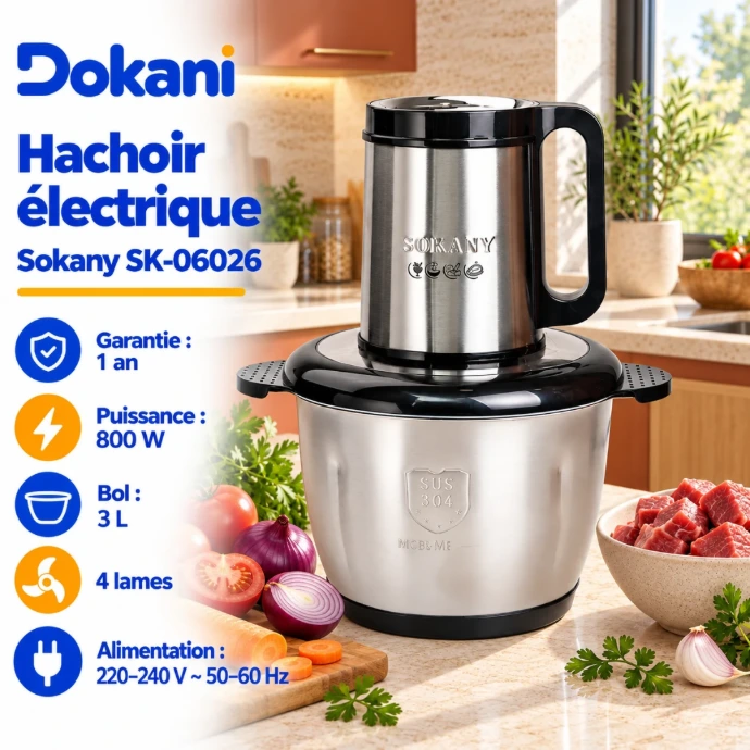 Hachoir électrique Sokany SK-06026 800W avec bol en acier inoxydable de 3 litres, quatre lames inox et écran de contrôle LCD