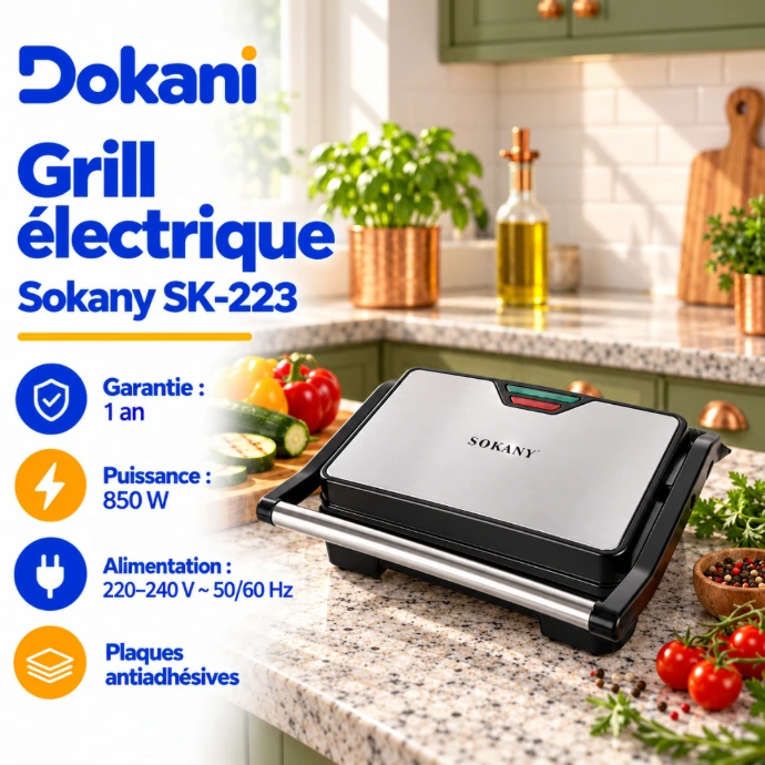 Grill électrique Sokany SK-223 850W avec plaques antiadhésives de 23 × 14,5 cm, boîtier en acier inoxydable et thermostat intégré