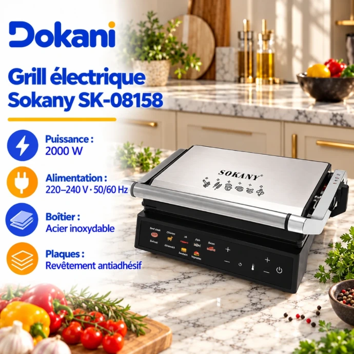 Grill électrique Sokany SK-08158 2000W argenté avec boîtier en acier inoxydable, plaques antiadhésives et chauffage double face