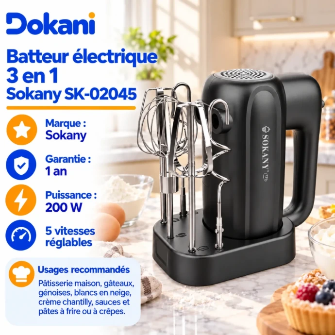 Batteur électrique Sokany SK-02045 noir 400W avec 5 vitesses, deux fouets, deux crochets pétrisseurs, fouet ballon et socle de rangement