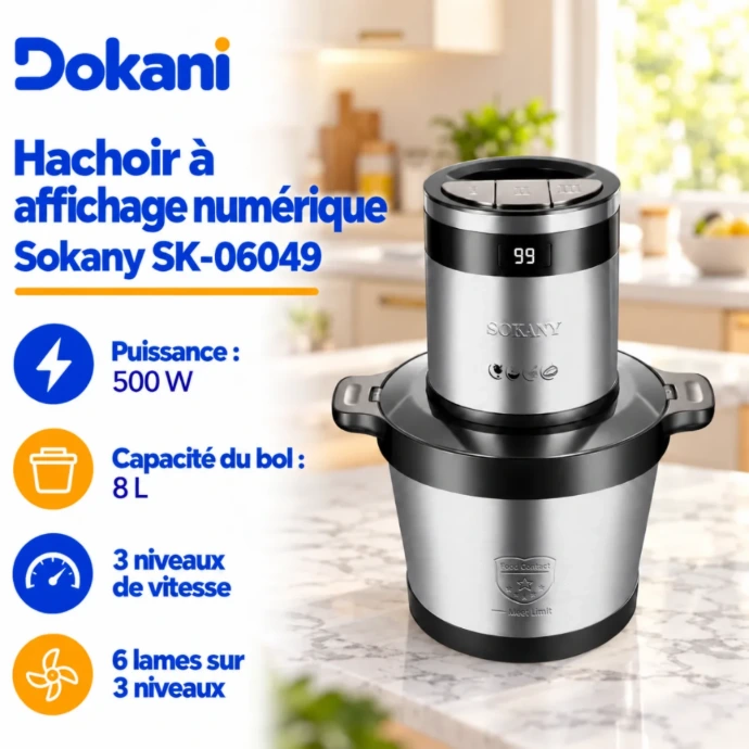 Hachoir électrique Sokany SK-06049 500W avec bol inox de 8 litres, 6 lames sur 3 niveaux et panneau de commande numérique