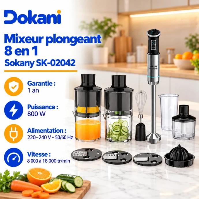 Mixeur plongeant multifonction Sokany SK-02042 8 en 1 800W avec pied inox, hachoir, fouet, verre doseur et accessoire trancheur