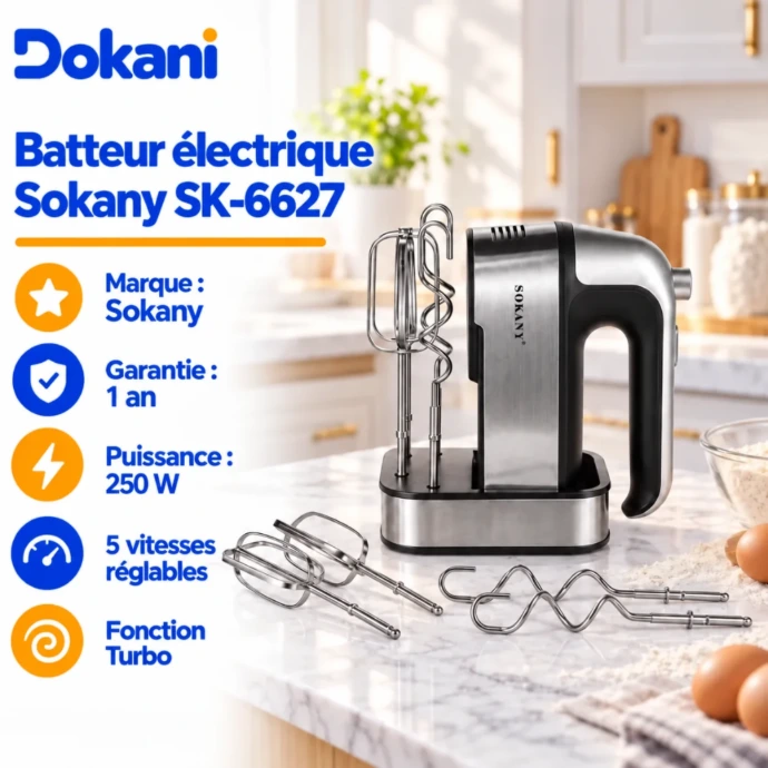 Batteur électrique Sokany SK-6627 250W avec 5 vitesses, fonction Turbo, deux fouets, deux crochets pétrisseurs et socle de rangement