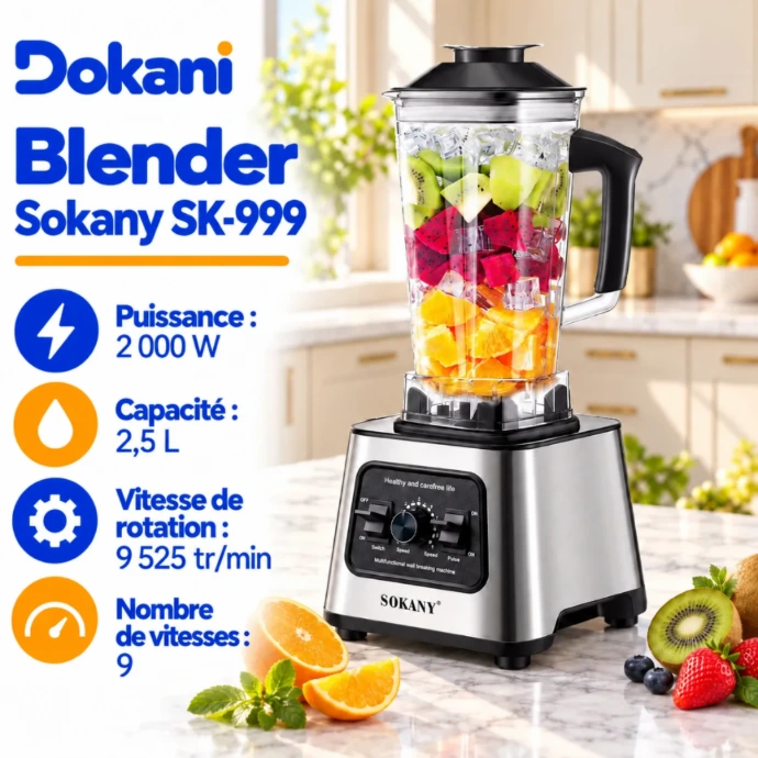 Blender haute vitesse Sokany SK-999 avec bol de 2,5 L, 6 lames en acier inoxydable et 9 vitesses réglables