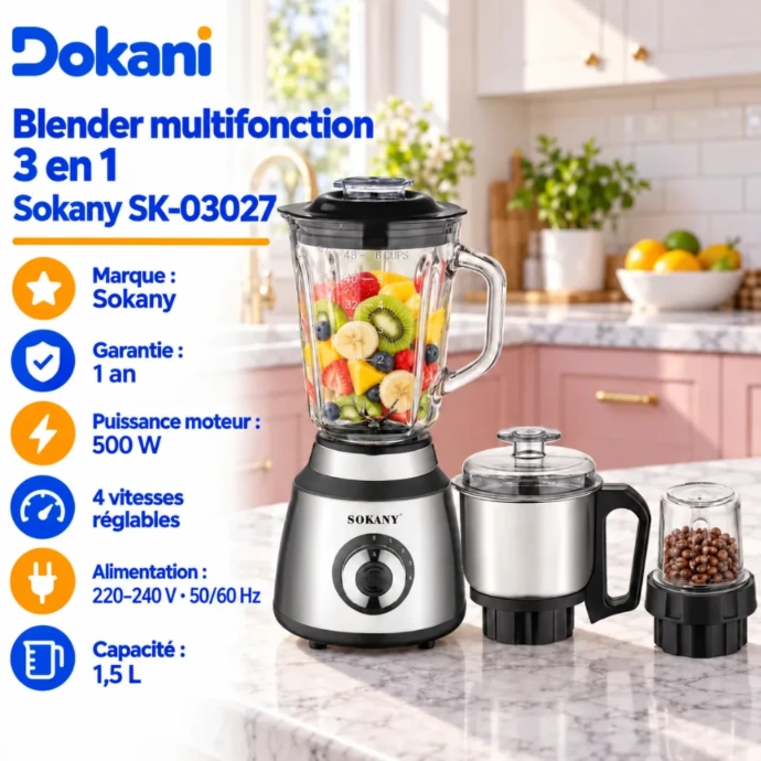 Blender multifonction Sokany SK-03027 500W avec récipient de 1,5 L, lames en acier inoxydable et poignée ergonomique