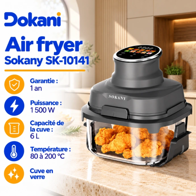 Air Fryer Sokany SK-10141 gris 1500W avec cuve transparente en verre de 6 litres et écran tactile LCD à 12 programmes