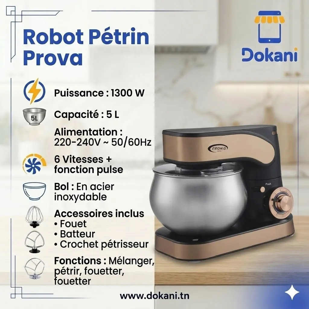 Robot Pétrin Prova 1300W - 5L - Noir.webp