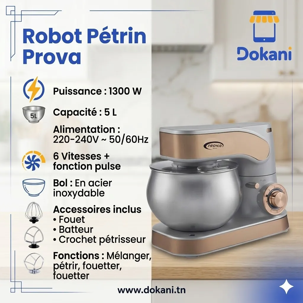 Robot Pétrin Prova 1300W - 5L - Argent.webp