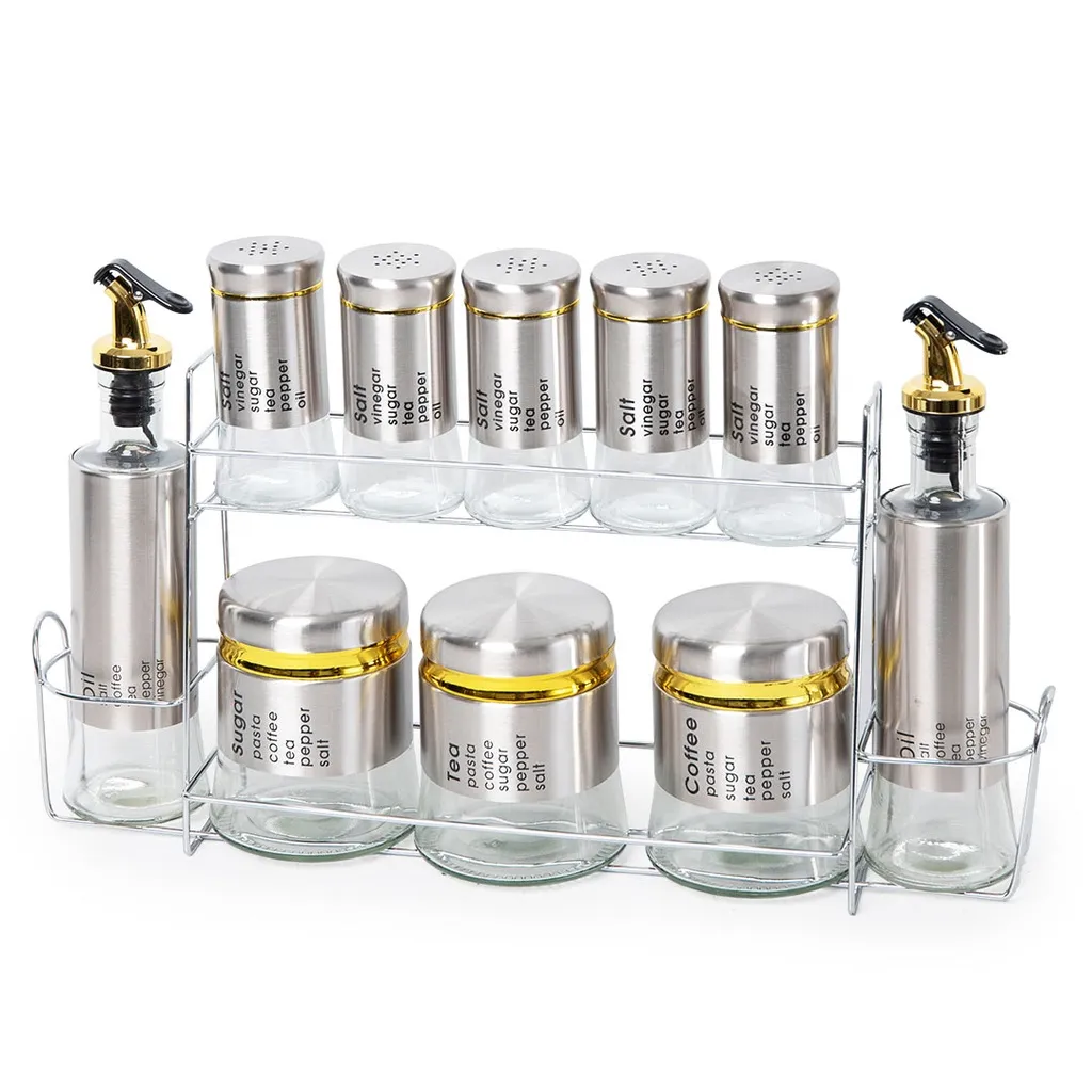 [FB10-3A] Set Portes Épices 11 Pièces En Verre Avec Support - Argent.webp