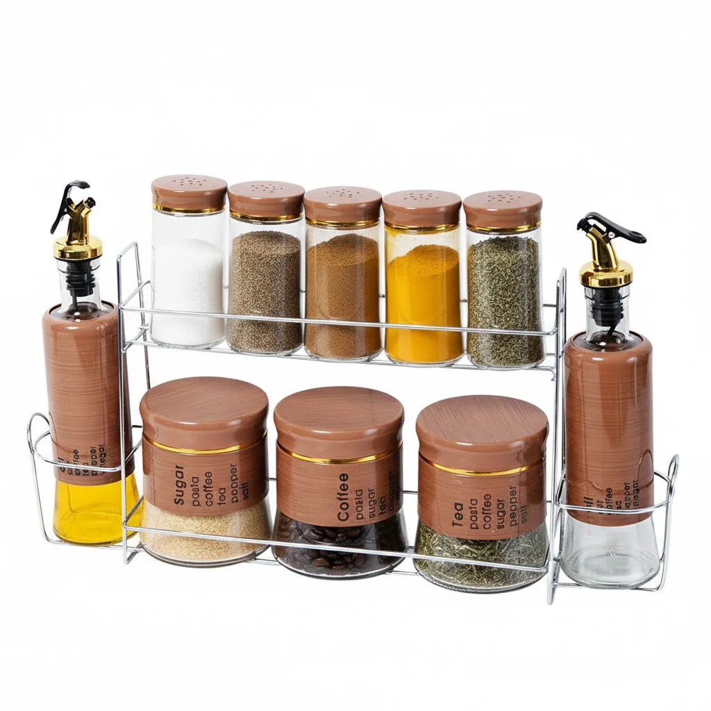 [FB10-2M] Set Portes Épices 11 Pièces En Verre Avec Support - Effet Bois Marron.webp