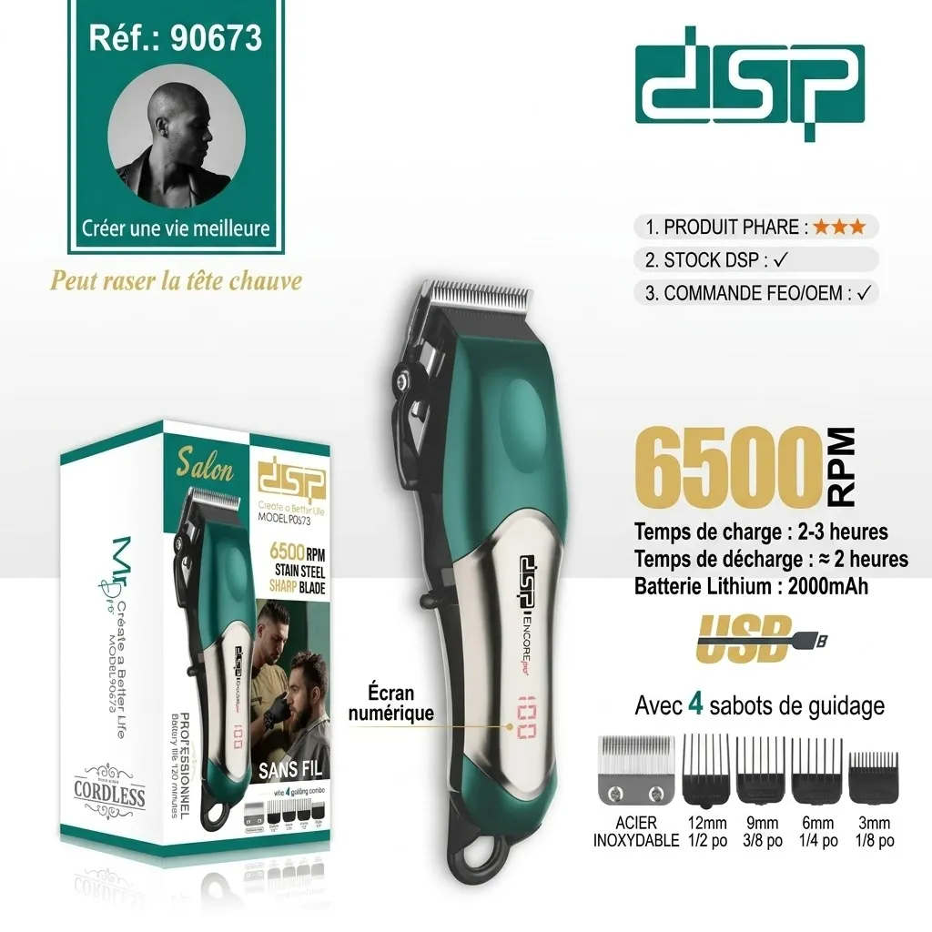 Tondeuse Cheveux DSP Sans Fil – 6500RPM - 5W5.webp