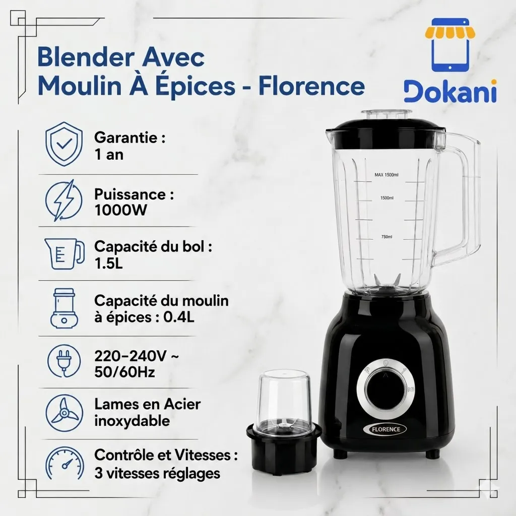 Blender Avec Moulin A Epices 1,5L -Florence - 1000W- Noir2.webp