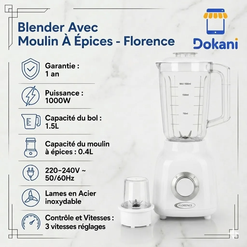 Blender Avec Moulin A Epices 1,5L -Florence - 1000W- Blanc2.webp