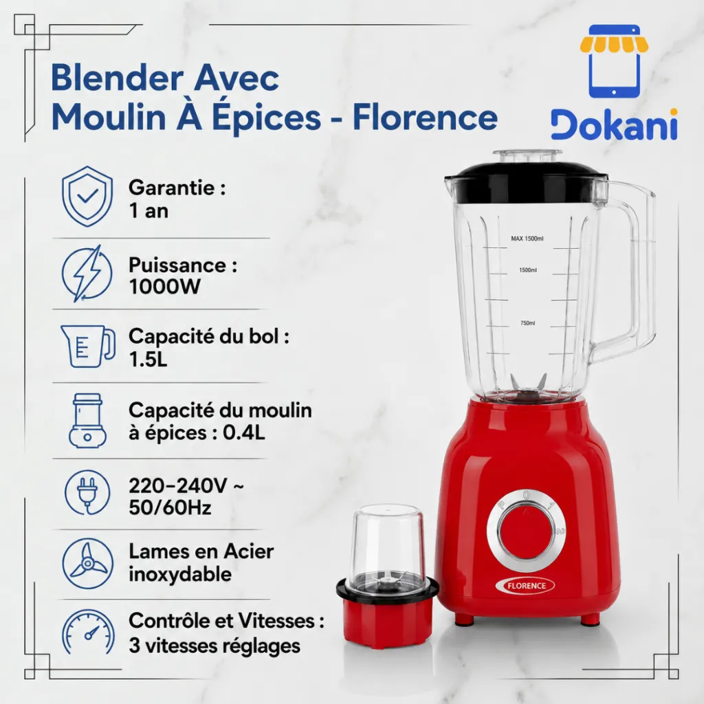 Blender Avec Moulin A Epices 1,5L -Florence - 1000W- Rouge1.webp