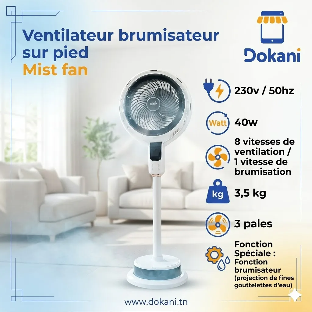Ventilateur Brumisateur Sur Pied- 8 Vitesses - 40W (2).webp