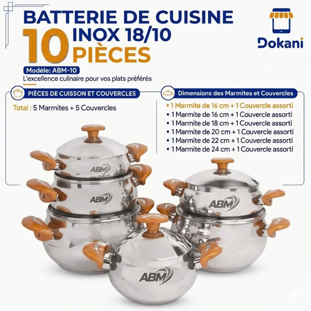 Batterie de Cuisine Inox 1810- ABM- 10 Pièces- Miel.webp