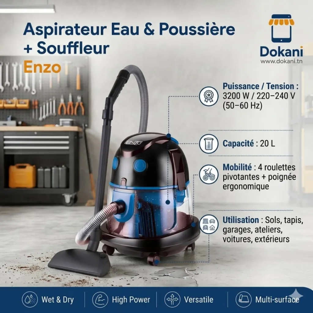 Aspirateur Eau & Poussière + Souffleur- Enzo 3200W 20L- Bleu.webp