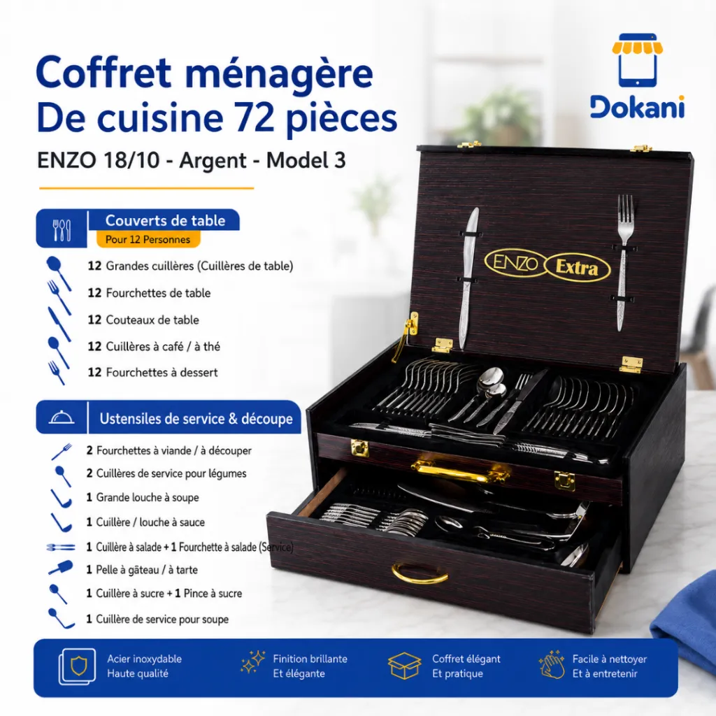 Coffret Ménagère De Cuisine 72 Pièces ENZO 1810- Argent- Model 3.webp