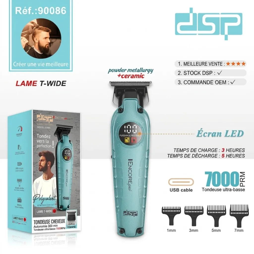 Tondeuse Cheveux Professionnelle DSP Sans Fil - 7000RPM - 3W Bleu.webp