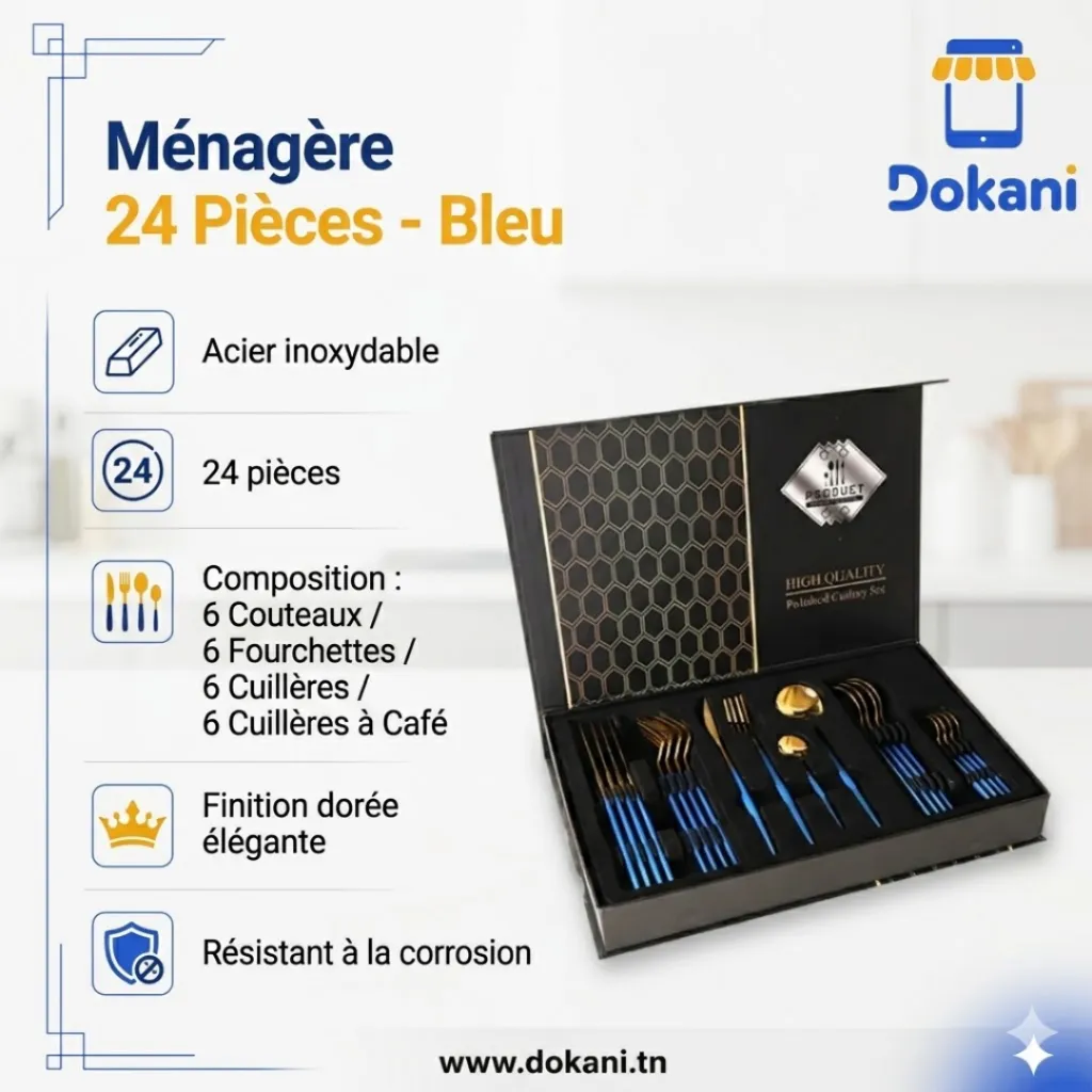 Coffret Ménagère 24 Pièces En Acier Inoxydable- Bleu.webp