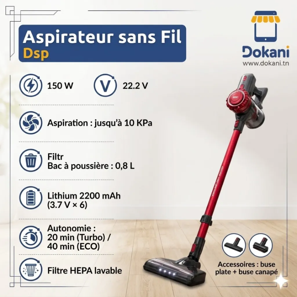 Aspirateur Sans Fil DSP – 150W – Rouge (6).webp
