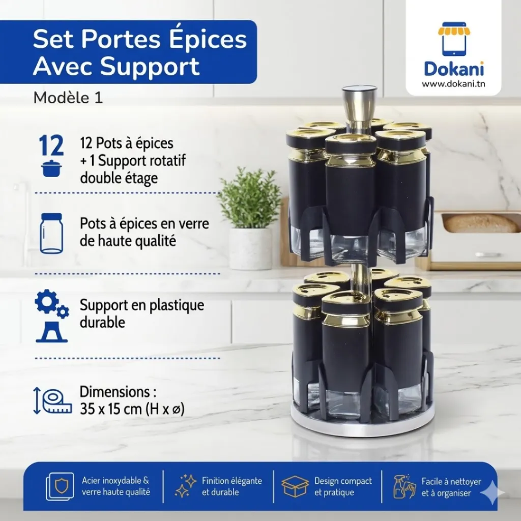Set Portes Épices 12 Pièces En Verre Avec Support - Noir.webp