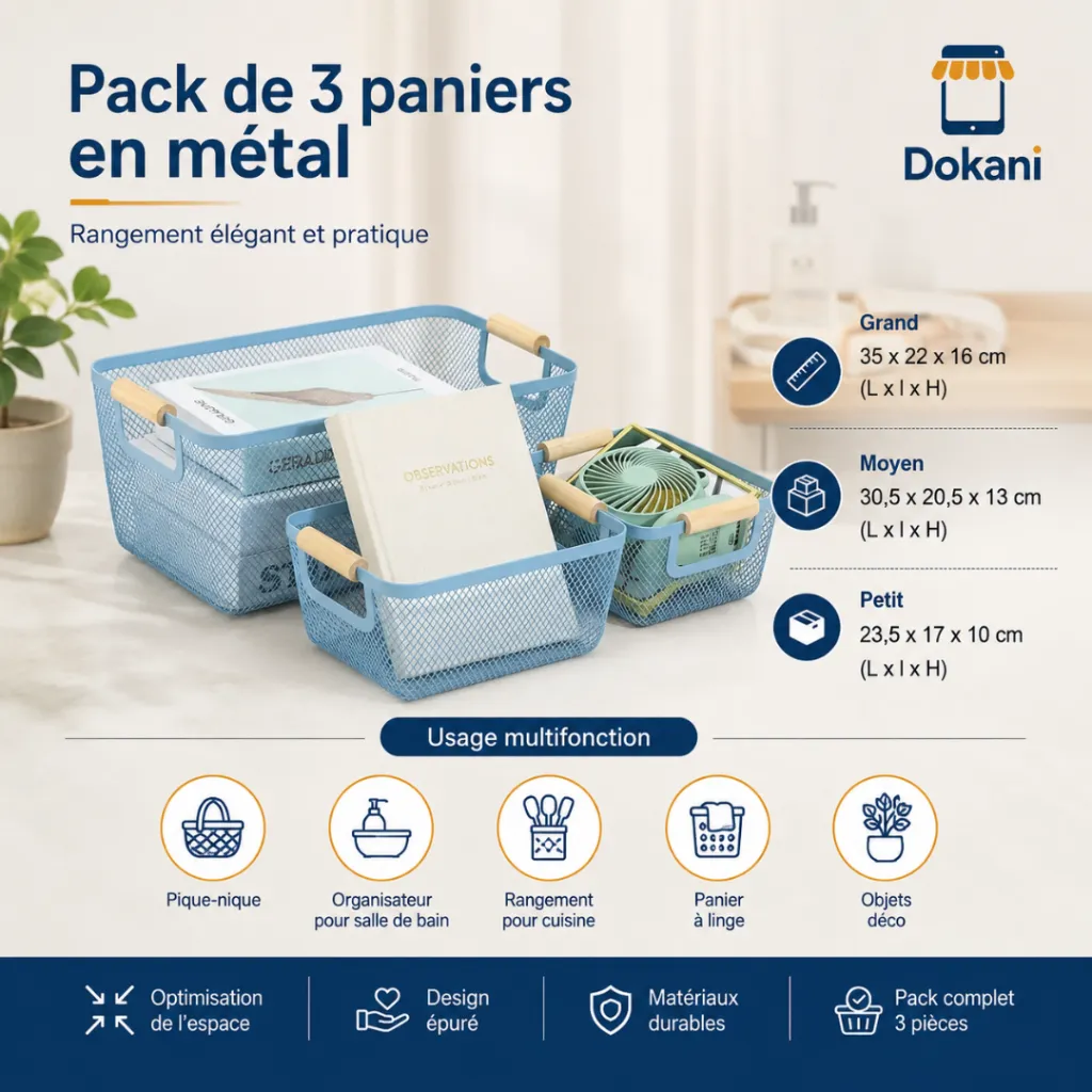 Pack de 3 Paniers de Rangement en Métal - Bleu.webp