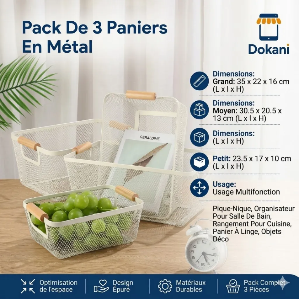 Pack de 3 Paniers de Rangement en Métal - Beige.webp