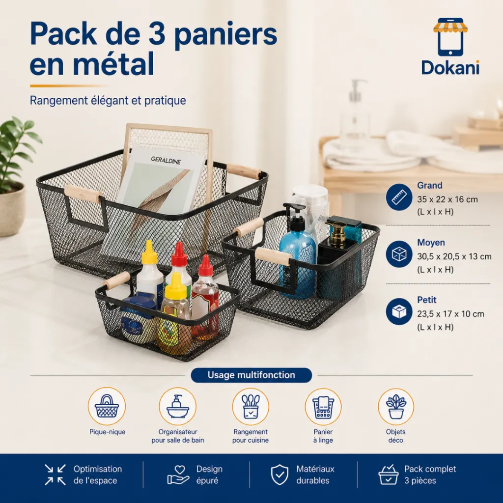 Pack de 3 Paniers de Rangement en Métal - Noir.webp