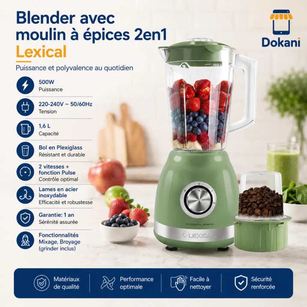 Blender avec Moulin à épices 2en1 Lexical- 500W 1,6L- Vert.webp