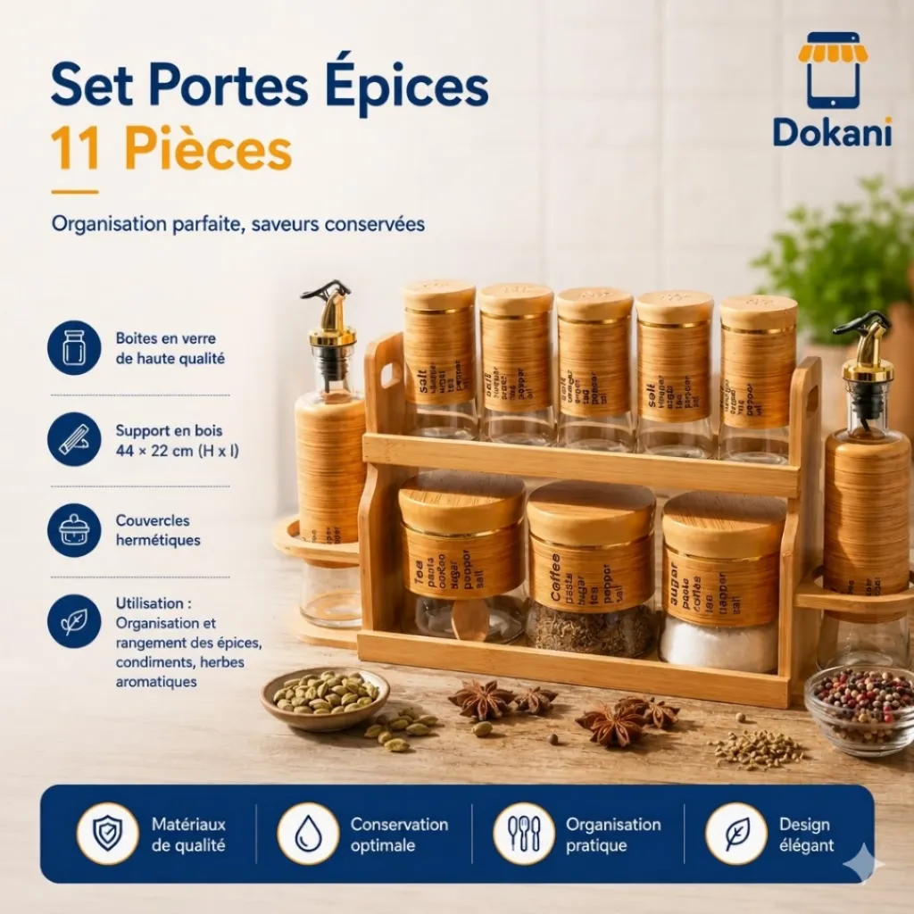 Set Portes Épices 11 Pièces En Verre Avec Support En Bois.webp