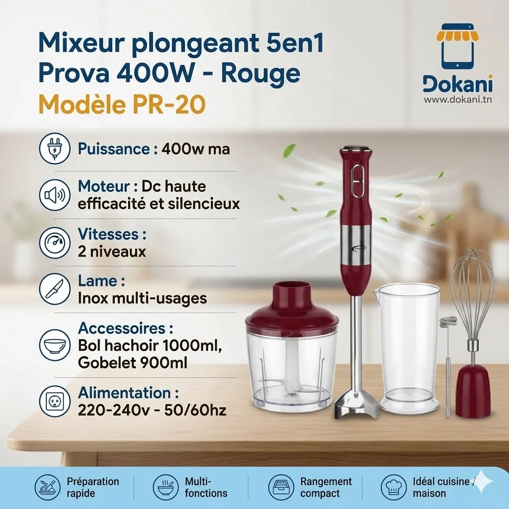Mixeur Plongeant 5en1 Prova 400W - Rouge.webp