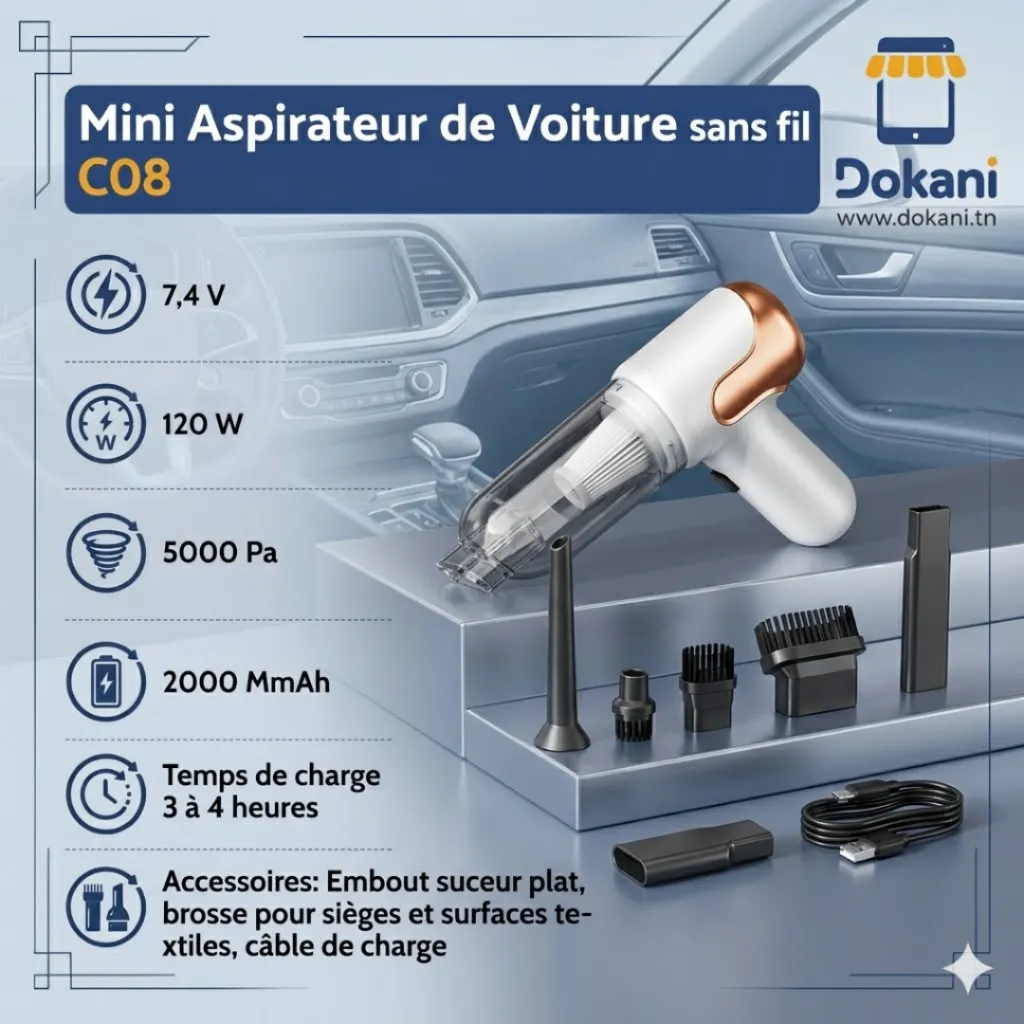 Mini Aspirateur de  Voiture sans fil C08 - Blanc.webp