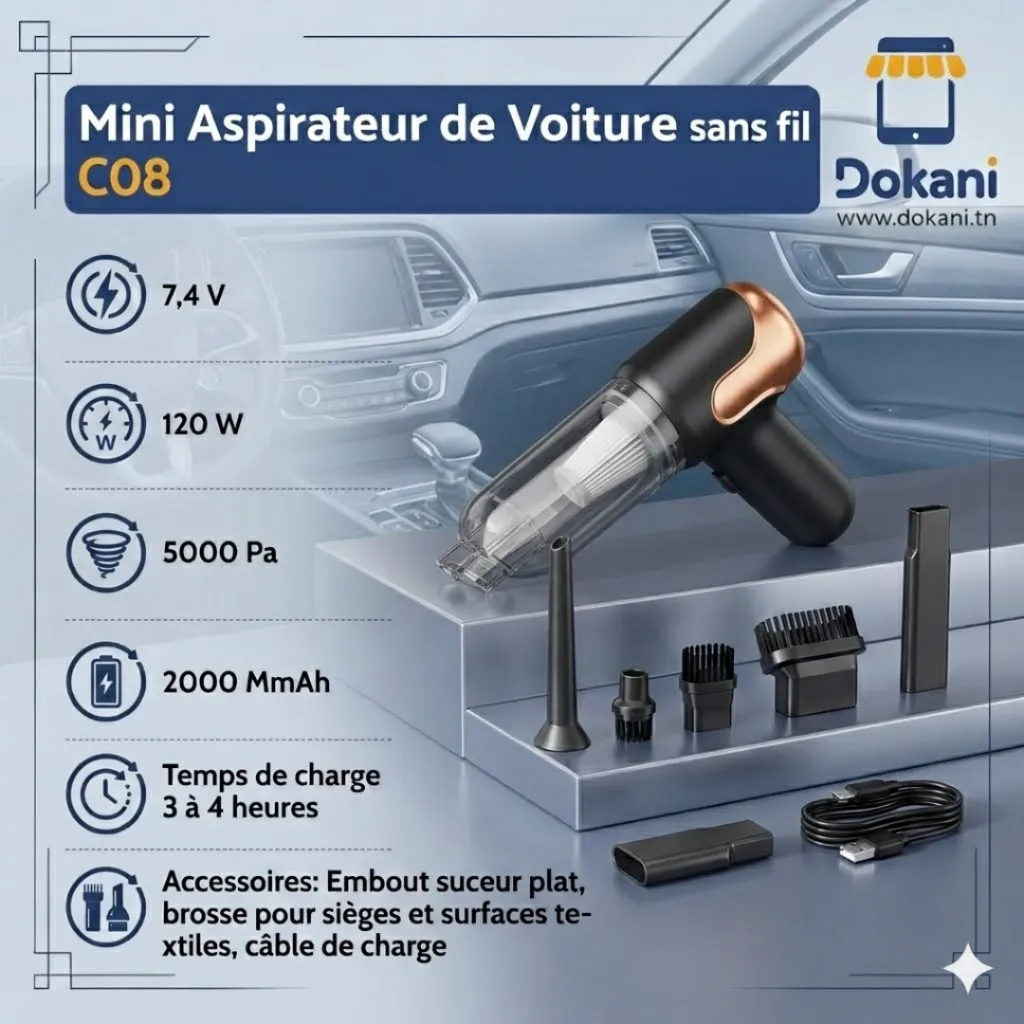 Mini Aspirateur de  Voiture sans fil C08 - Noir.webp