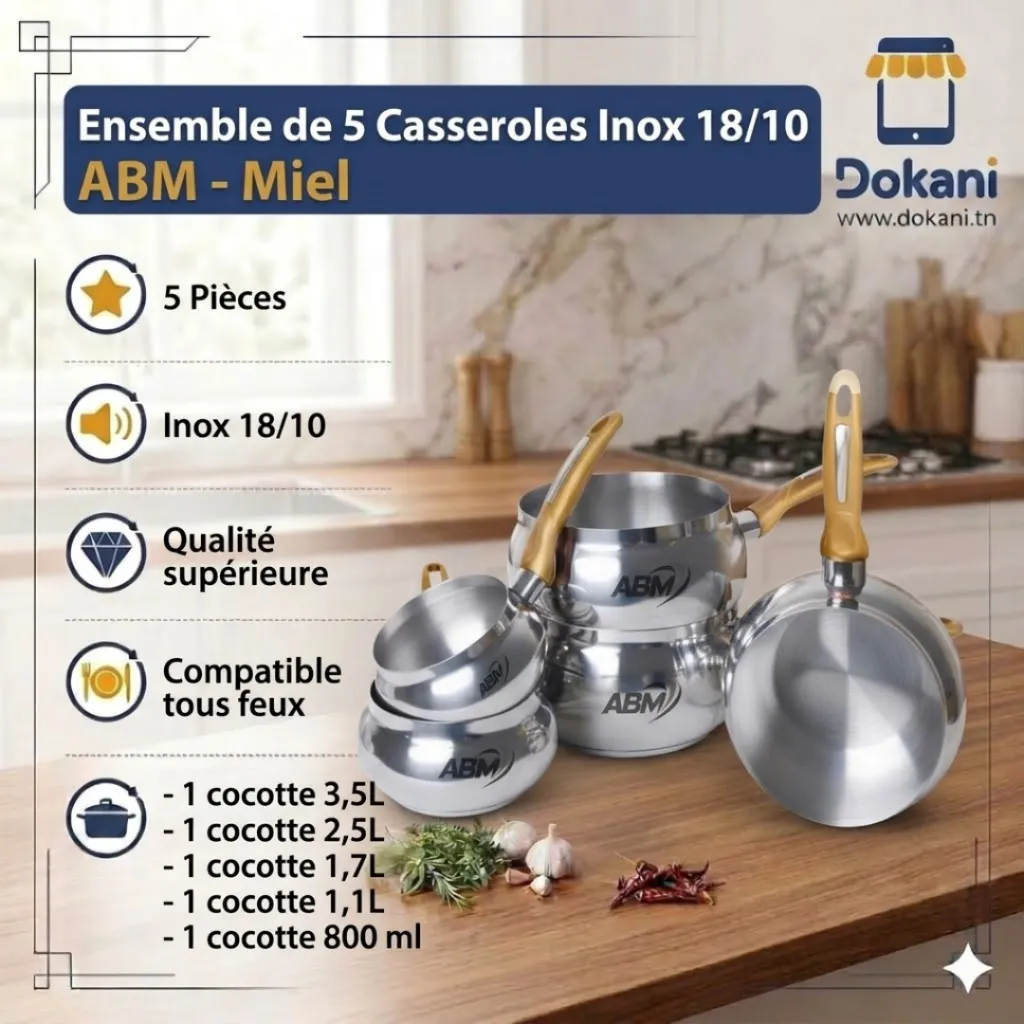 Ensemble de 5 Casseroles Inox 1810- ABM- Miel.webp