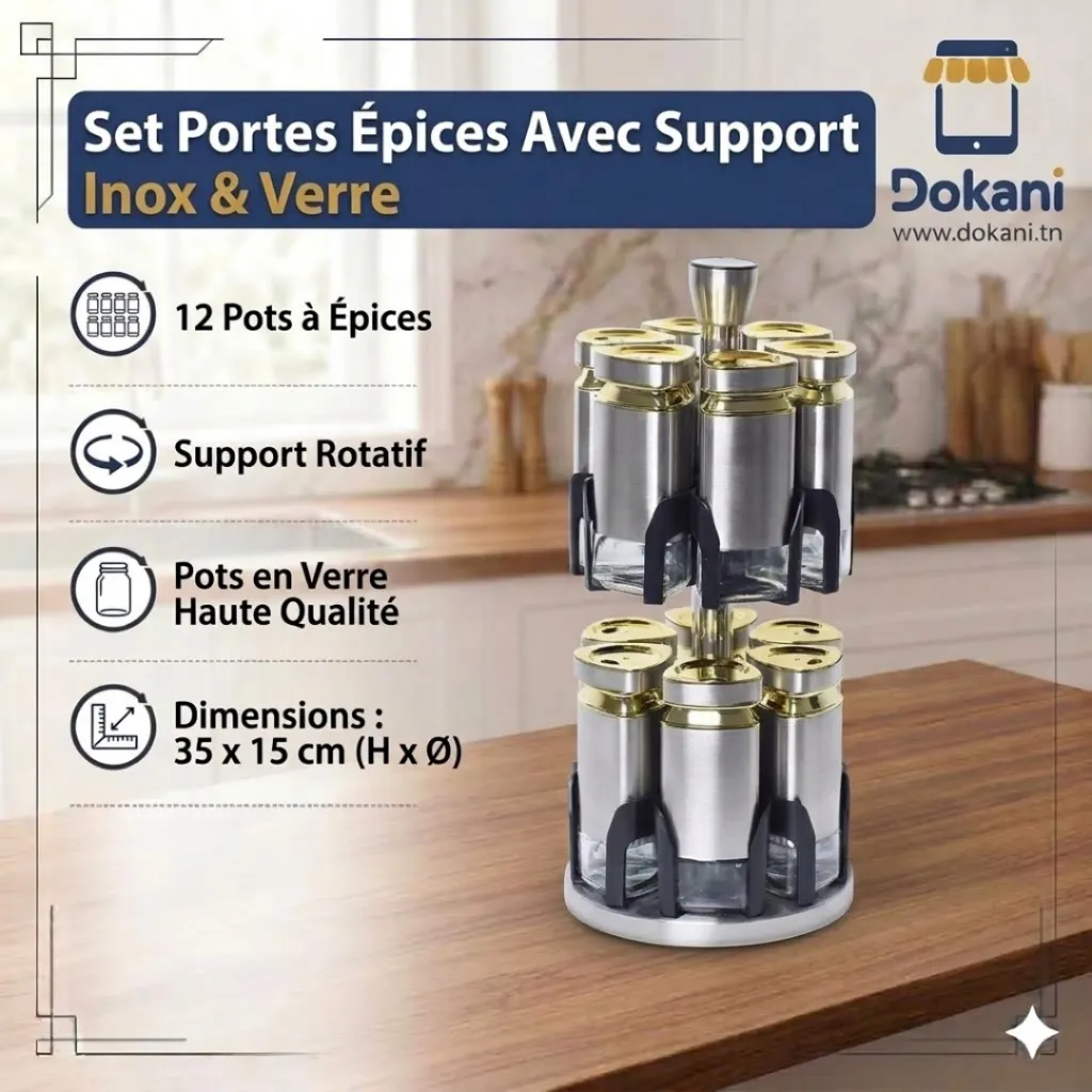 Set Portes Épices 12 Pièces En Verre Avec Support - Inox.webp
