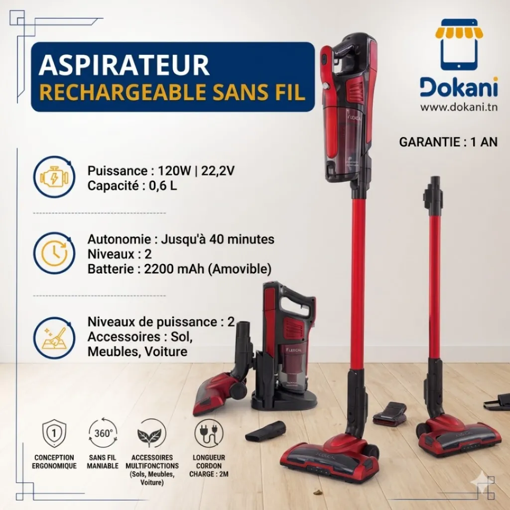 Aspirateur Rechargeable Sans Fil lexical 120W- Rouge.webp