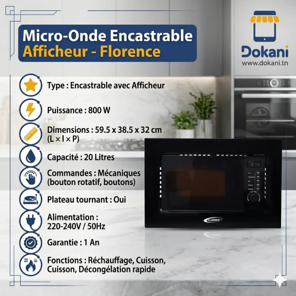 Micro-Onde Encastrable Avec Afficheur- Florence 800W 20L- Noir.webp