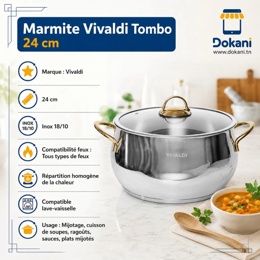 Marmite Vivaldi Tombo 24 cm Inox 1810- Doré.webp